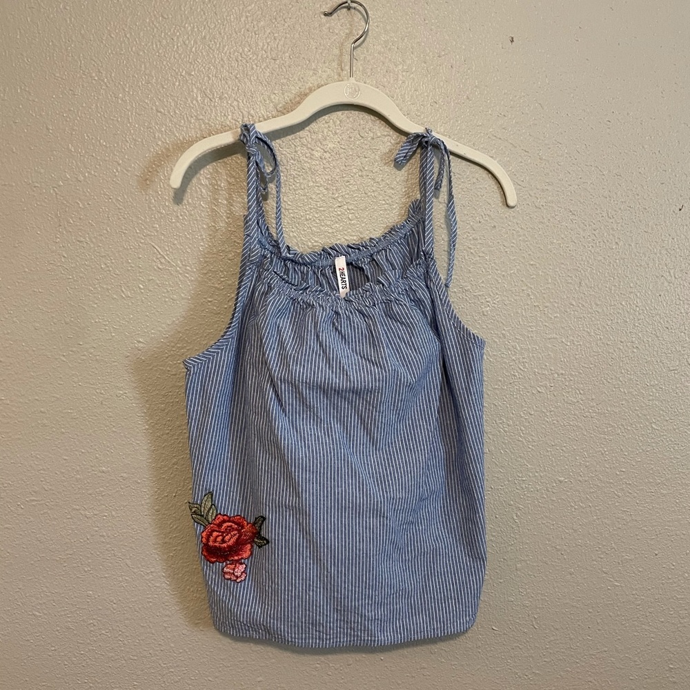 Blue Striped Embroidered Flower Top